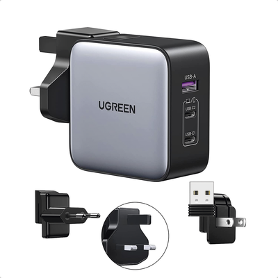 Cargador Universal de Viaje 65W / Contiene 3 Enchufes Internacionales (EU/UK/US) / Serie Nexode / 3 Puertos de Carga Rápida / 2 USB-C / 1 USB-A / Tecnología GaN II / PD 3.0 / QC 4.0 / Carga Intelige