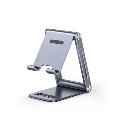 Soporte para Teléfono Celular de Aluminio / Angulo Ajustable / Amplia Compatibilidad con dispositivos de 4.7 a 7.9 / Antideslizante / Antiarañazos / Plegable / Color Gris