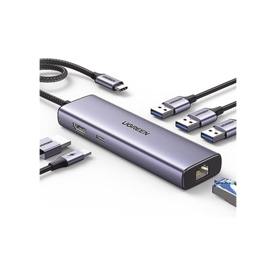 HUB USB-C (Docking Station) 6 en 1 / 3 Puertos USB-A 3.0 (5 Gbps)  / HDMI 4K@30Hz / Entrada USB-C PD 100W / 1 RJ45 (Gigabit Ethernet) / Caja de Aluminio