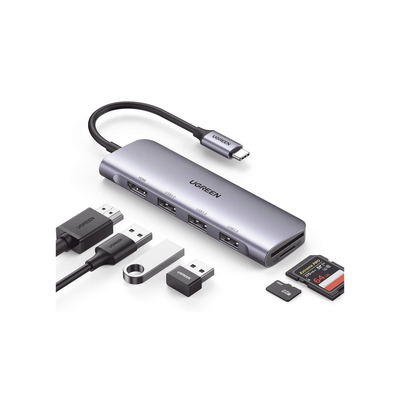 HUB USB-C (Docking Station) 6 en 1 / HDMI 4K@30Hz / 3 Puertos USB 3.0 / Lector Tarjeta SD + Micro SD (TF) (Uso Simultáneo) / Caja de Aluminio