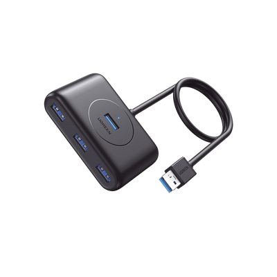 HUB USB-A 3.0 4 en 1 / 4 Puertos USB-A 3.0 (5Gbps) / Entrada USB-C (PD 5V 2A) / Cable de 1 Metro / Indicador Led / Ideal para Transferencia de Datos / Color Negro