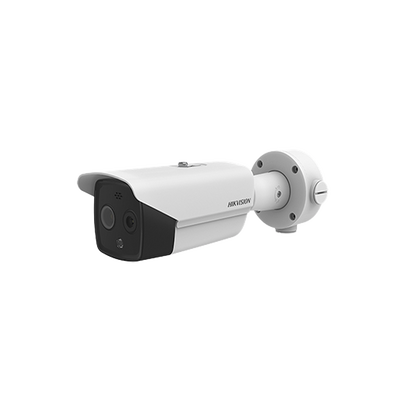 Bala IP Dual / Térmica 9.7 mm (160 x 120) / Óptico 8 mm (4 Megapixel) / DETECCIÓN DE PERSONAS 285 m /40 mts IR / Exterior IP67 / PoE / Termométrica / Detección de Temperatura / Sirena y Luz Inte 