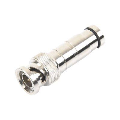 Conector BNC Macho en 75 Ohm, de Compresión Axial para Cable Coaxial RG-59/U, Níquel/ Oro/ Politetrafluoroetileno.